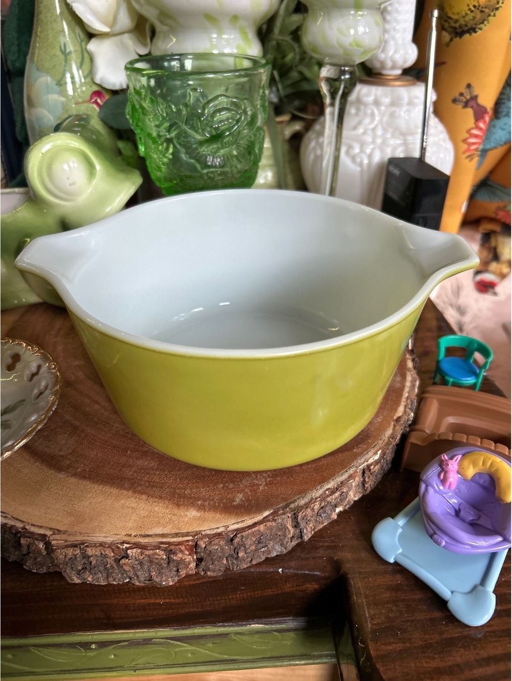 Vintage Pyrex Green and White Mixing Bowl with Handles